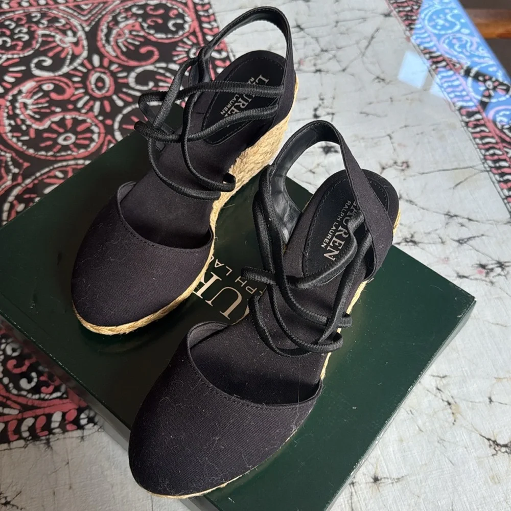 Ralph Lauren Black and Tan Wedge Sandals - Picture 3 of 5